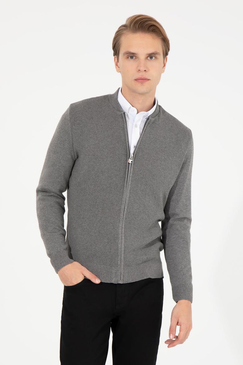 Erkek Gri Melanj Basic Triko Hırka - 50256577005