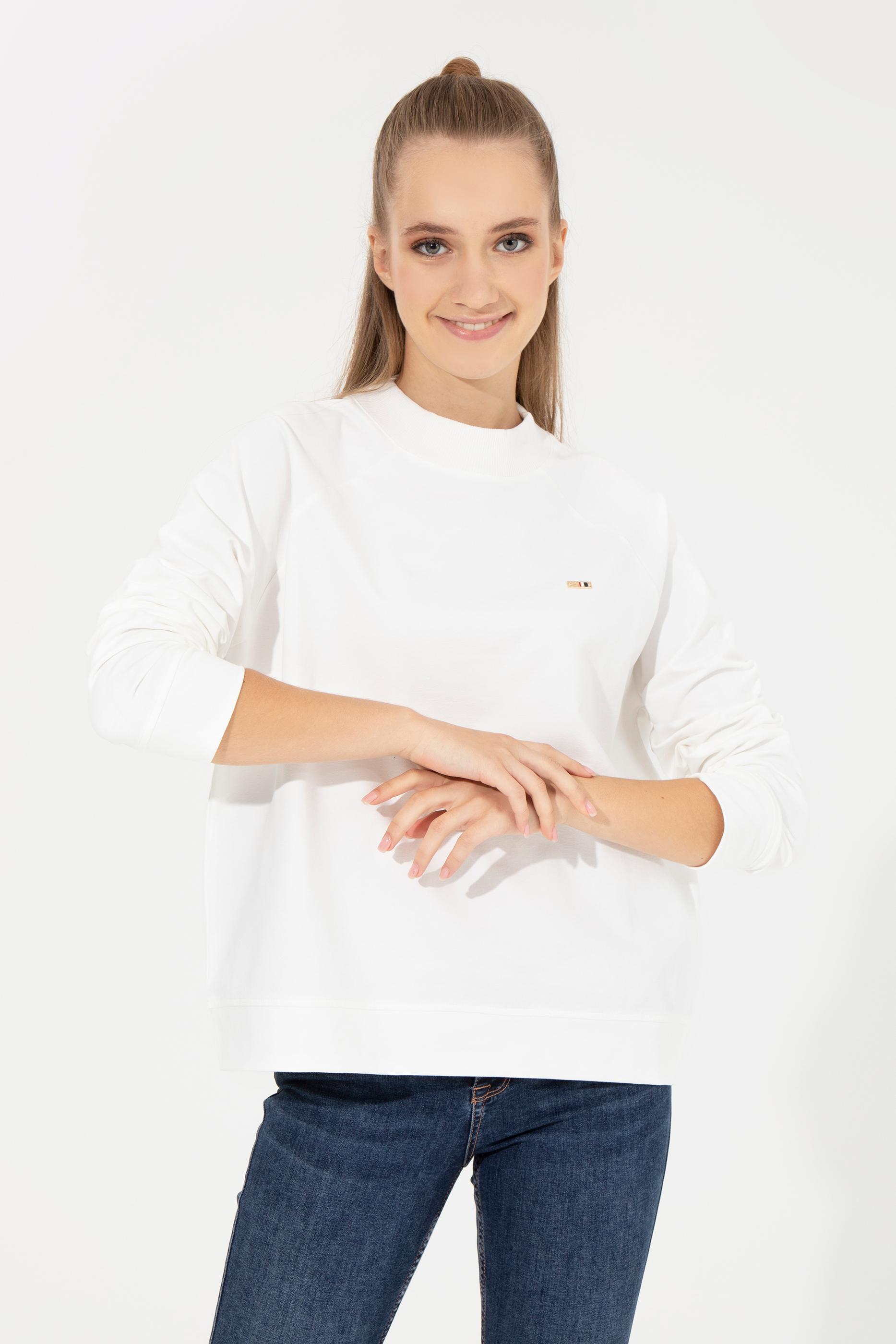 Kadın Ekru Bisiklet Yaka Sweatshirt