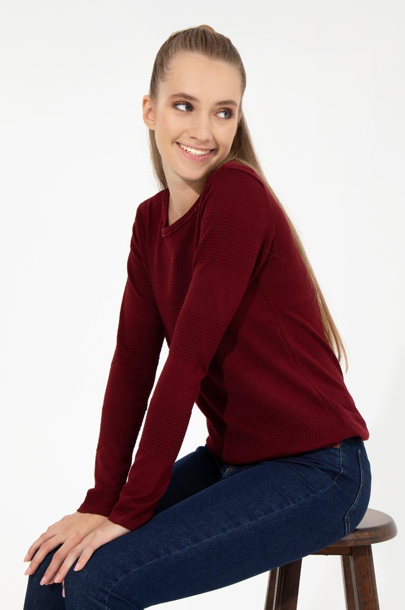 Kadın Bordo Bisiklet Yaka Kazak