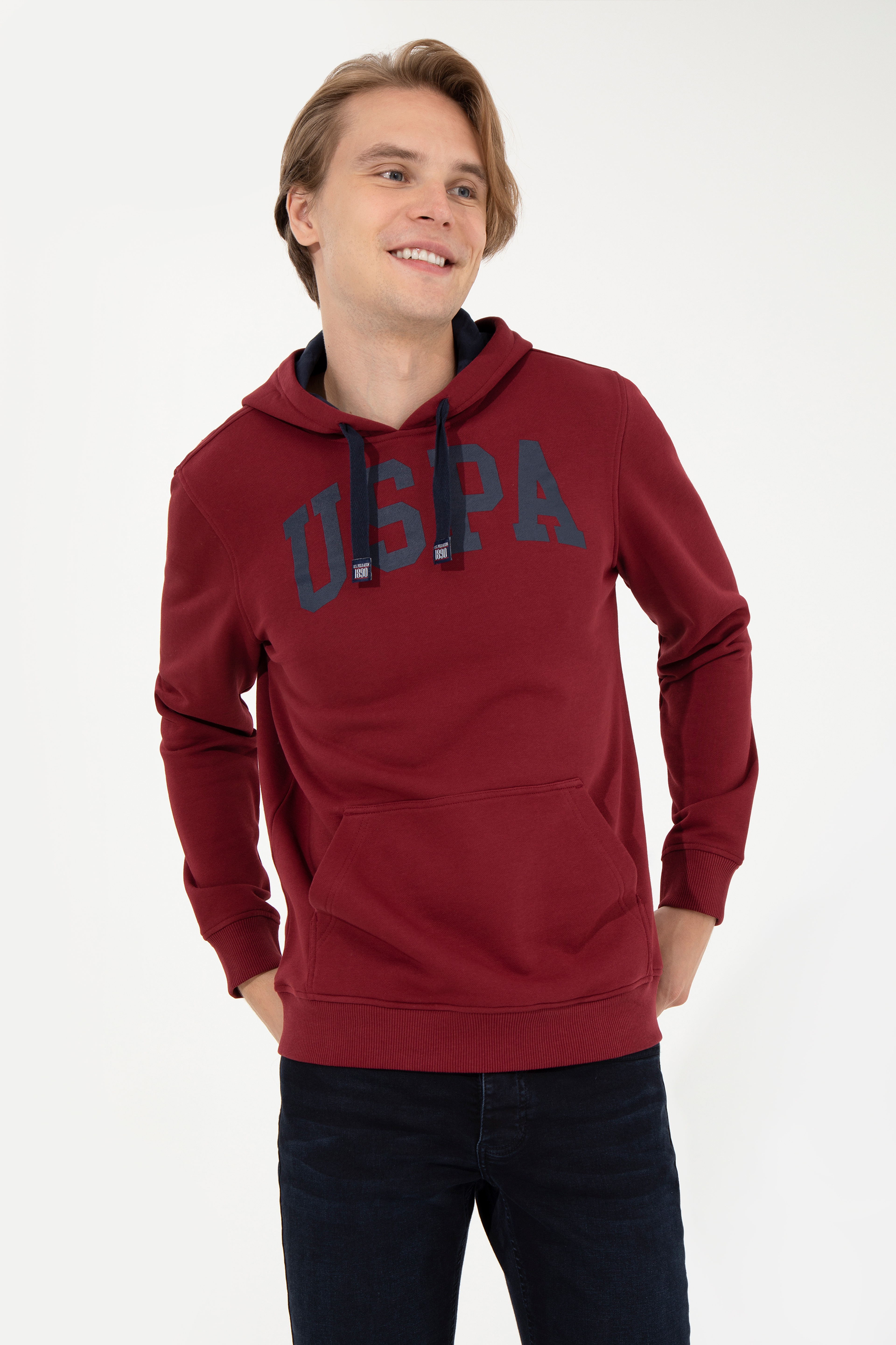 Erkek Vişne Kapüşonlu Basic Sweatshirt - Image 3