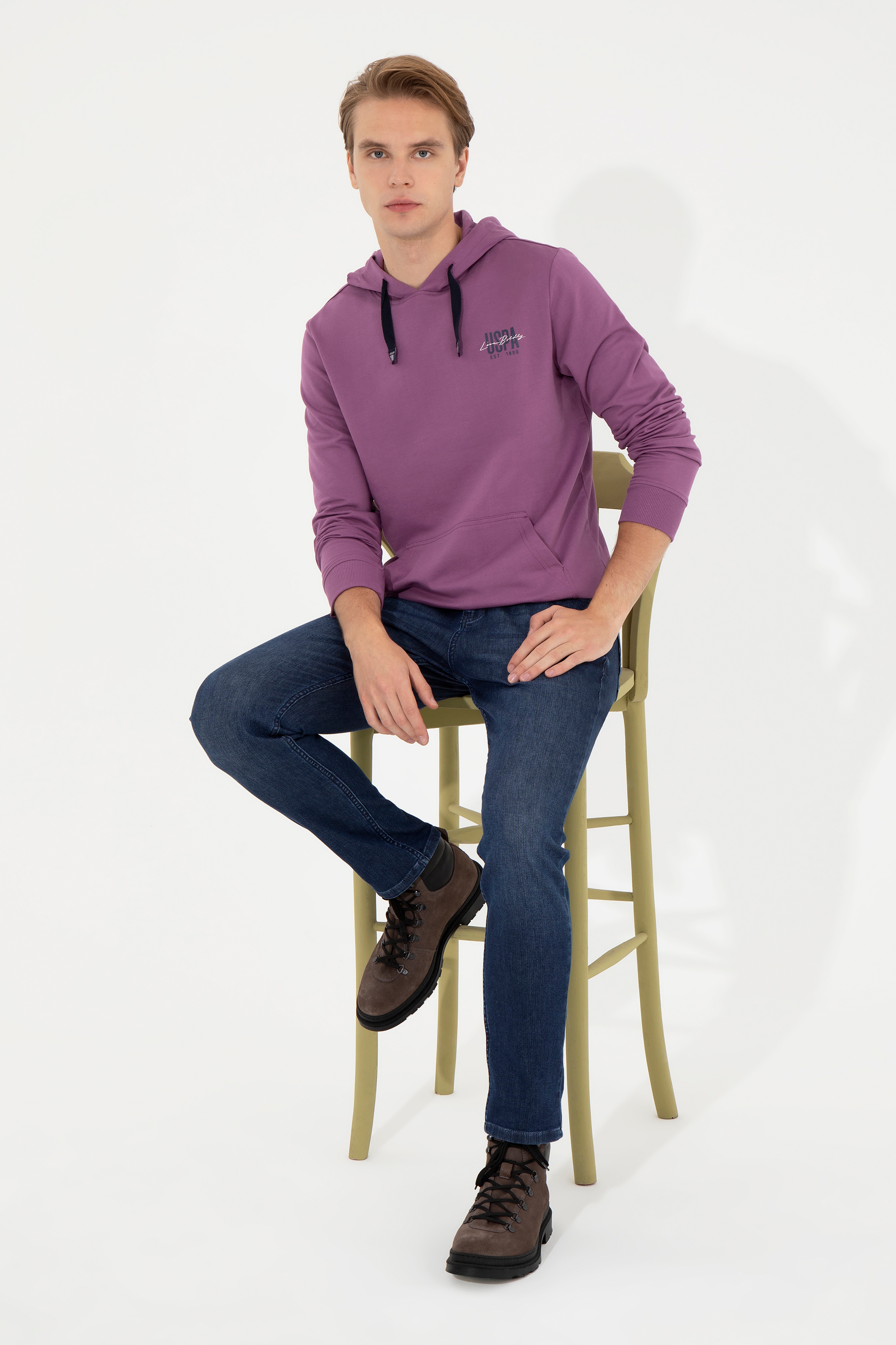 Erkek Menekşe Kapüşonlu Basic Sweatshirt - Image 3