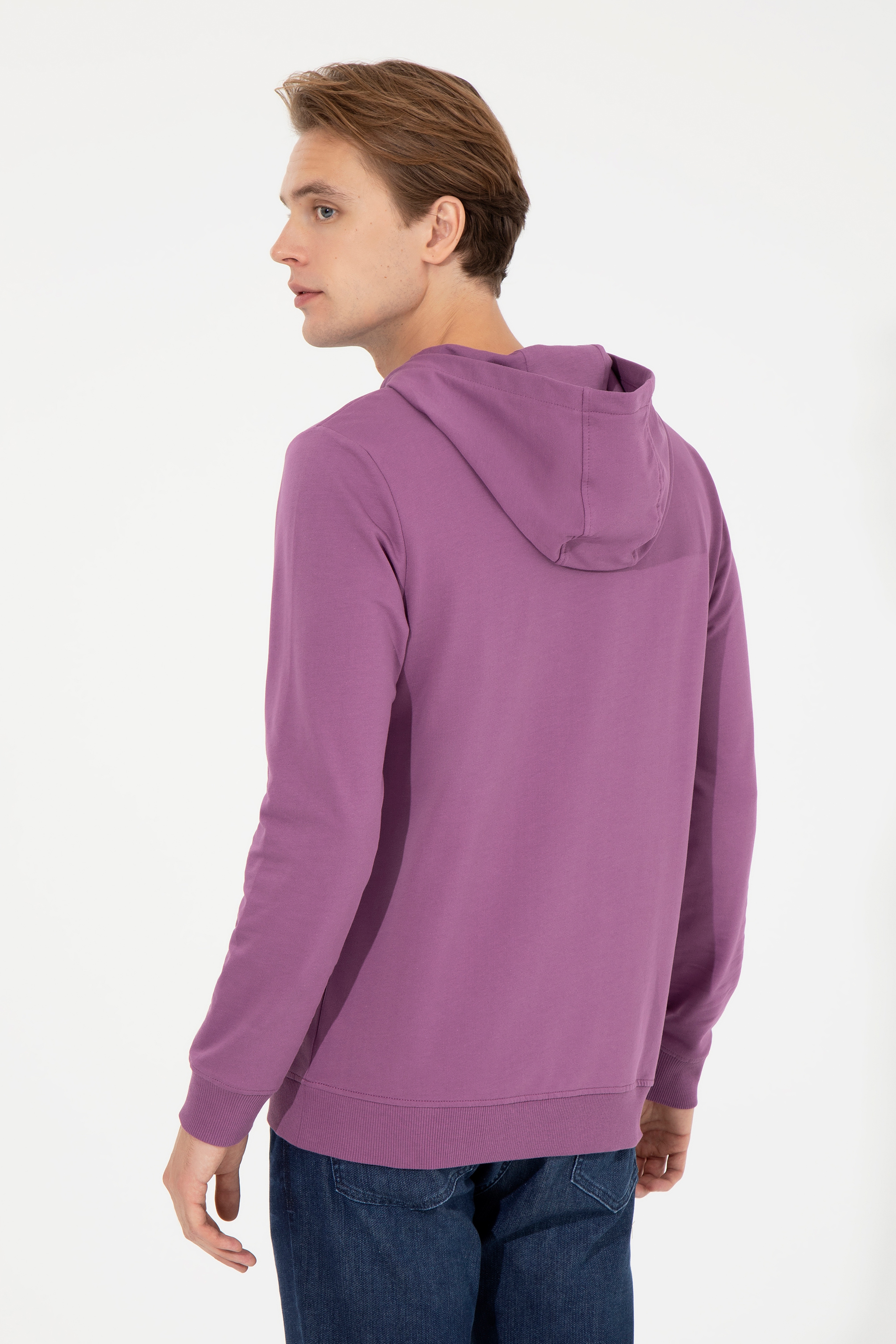 Erkek Menekşe Kapüşonlu Basic Sweatshirt - Image 5
