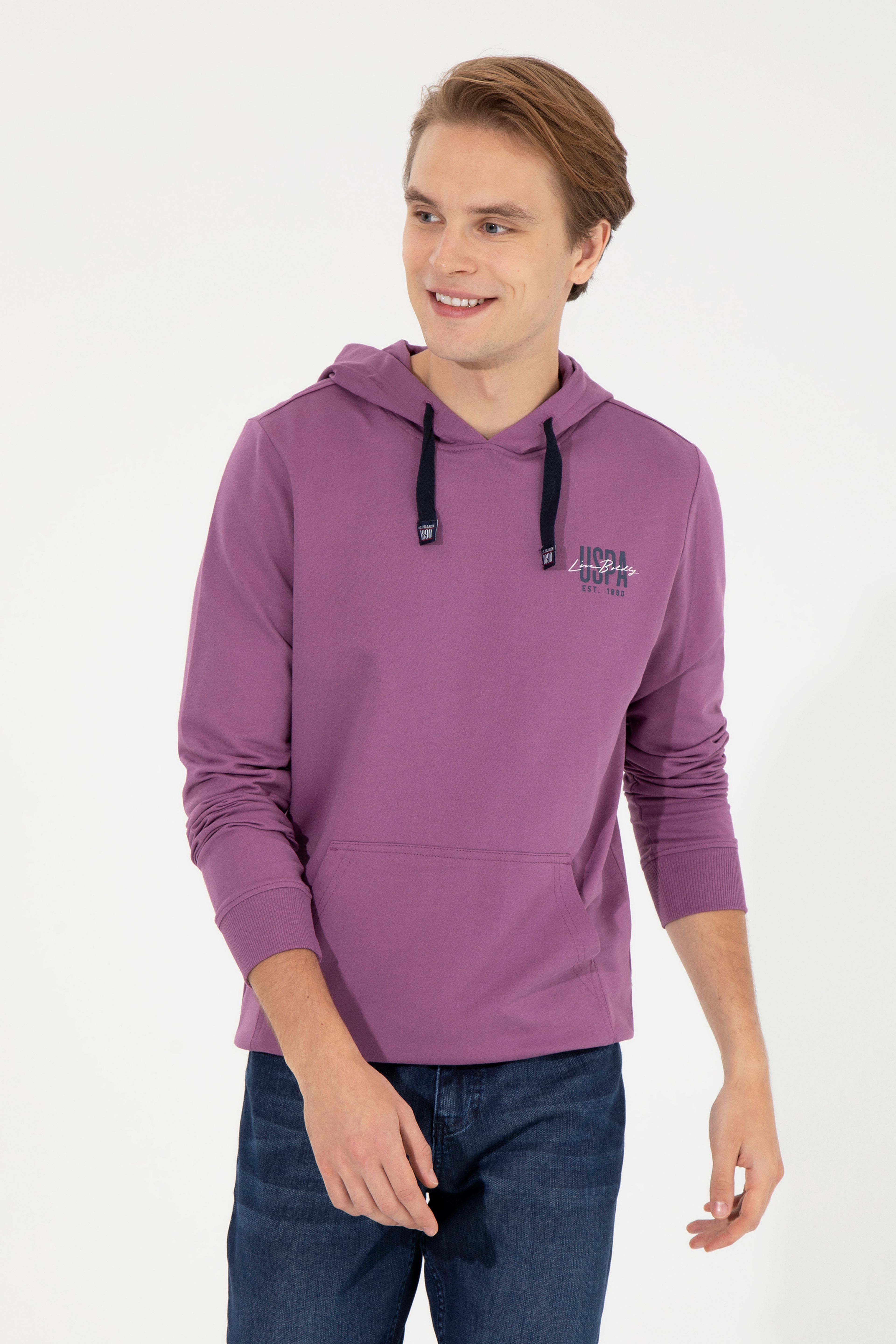 Erkek Menekşe Kapüşonlu Basic Sweatshirt - Image 4