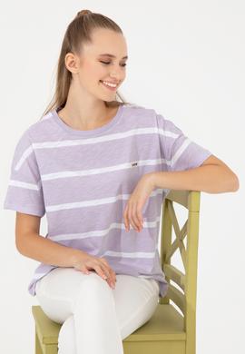 Kadın Lila Bisiklet Yaka Tişört - 50249013013