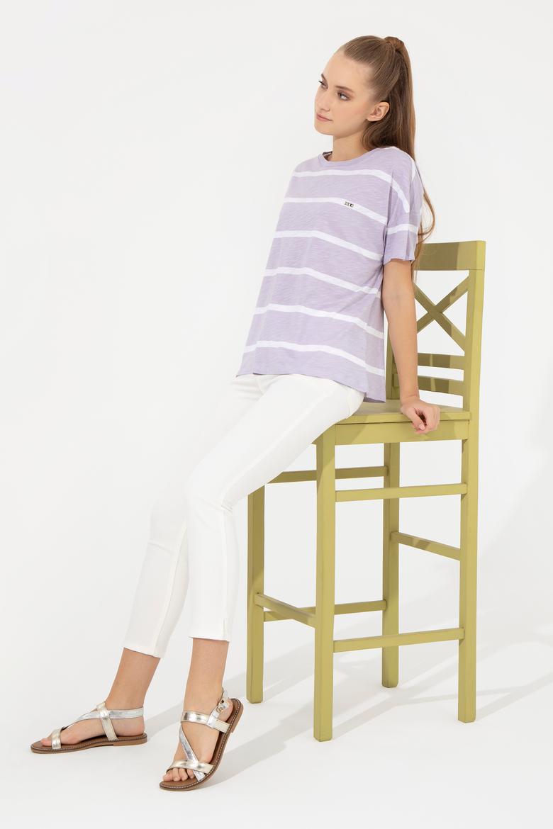 Kadın Lila Bisiklet Yaka Tişört - 50249013013