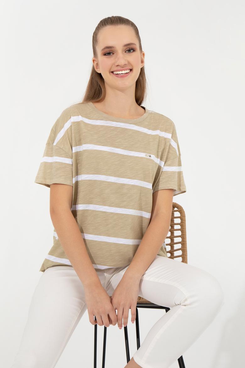 Kadın Haki Bisiklet Yaka Tişört