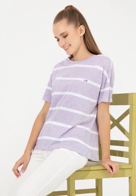Kadın Lila Bisiklet Yaka Tişört - 50249013013