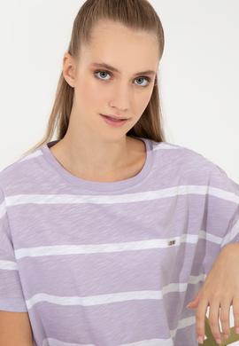 Kadın Lila Bisiklet Yaka Tişört - 50249013013