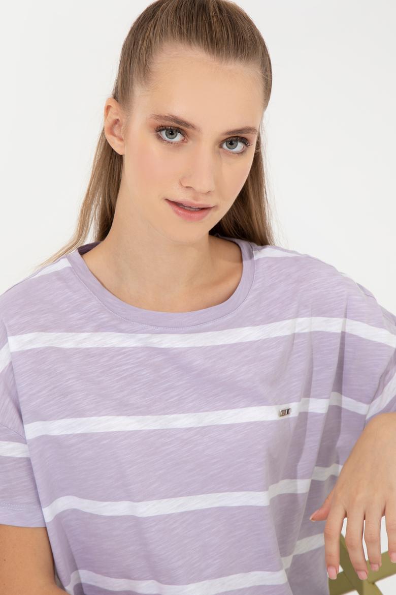 Kadın Lila Bisiklet Yaka Tişört - 50249013013