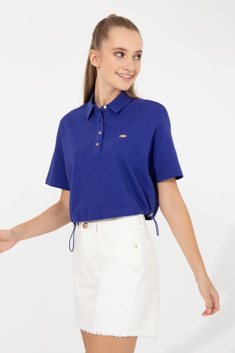 Kadın Mavi Polo Yaka Crop Tişört - 50249063023
