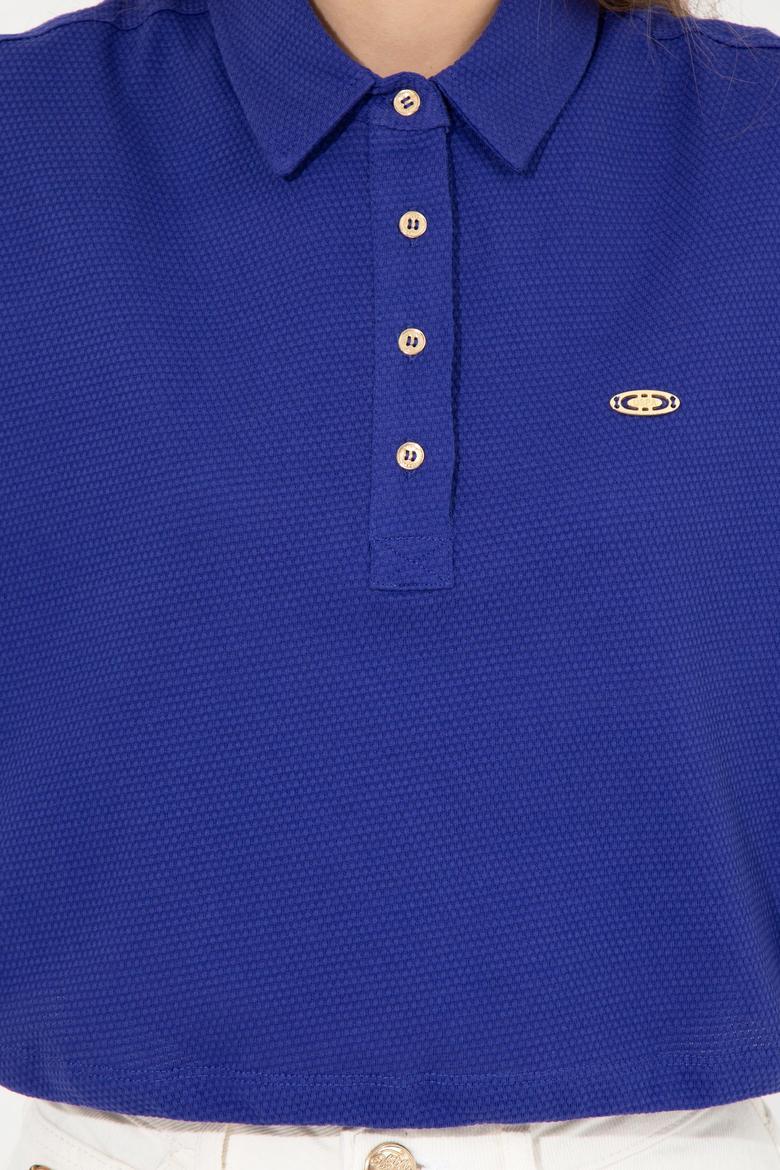 Kadın Mavi Polo Yaka Crop Tişört - 50249063023