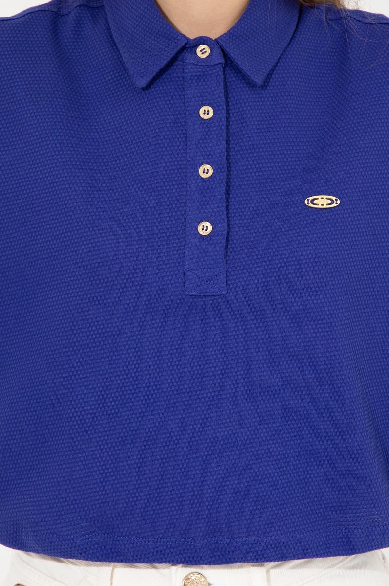 Kadın Mavi Polo Yaka Crop Tişört