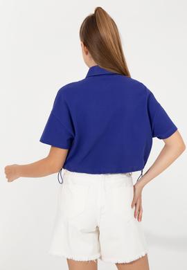 Kadın Mavi Polo Yaka Crop Tişört - 50249063023
