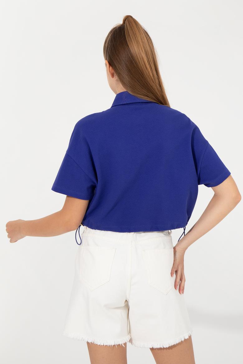 Kadın Mavi Polo Yaka Crop Tişört - 50249063023