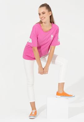 Kadın Pembe Bisiklet Yaka Tişört - 50246219024