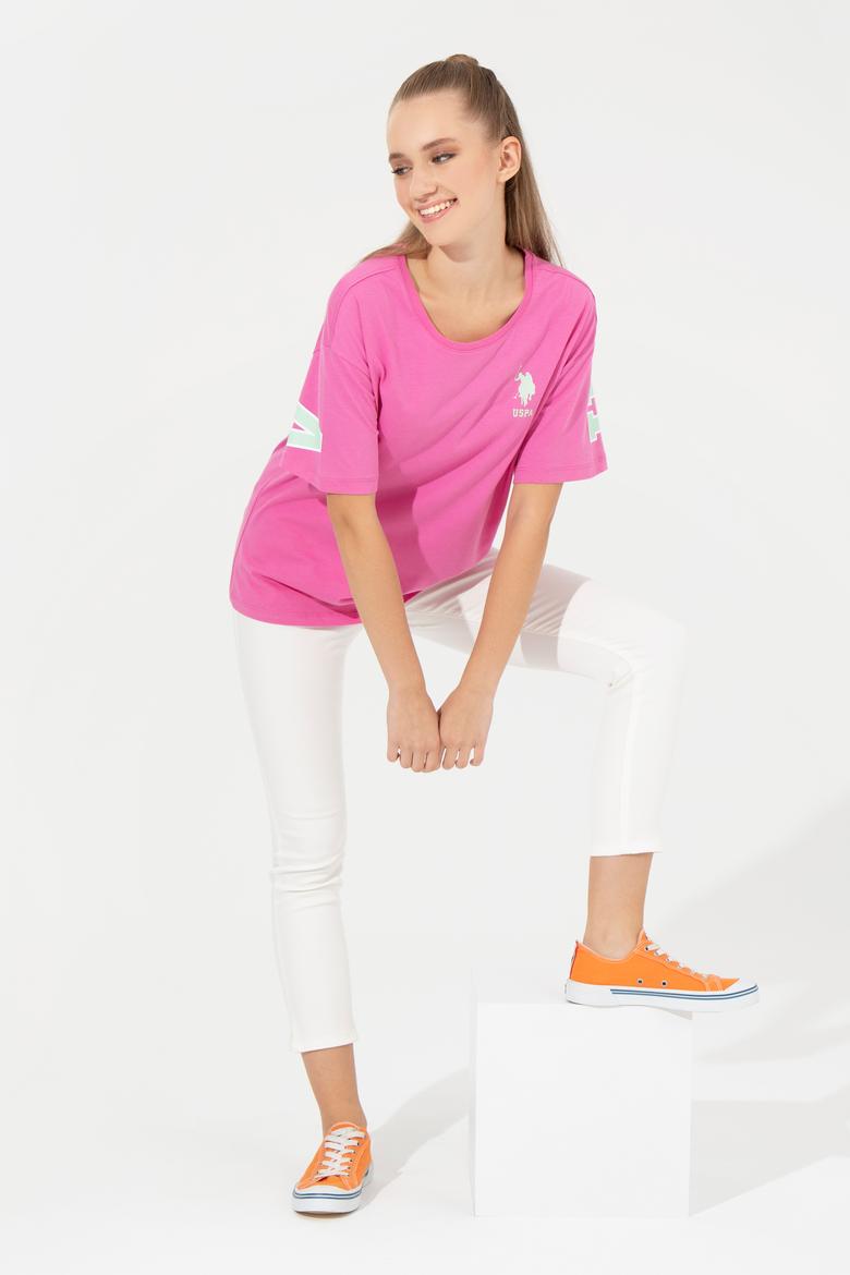 Kadın Pembe Bisiklet Yaka Tişört - 50246219024