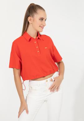 Kadın Kırmızı Polo Yaka Crop Tişört - 50249063039