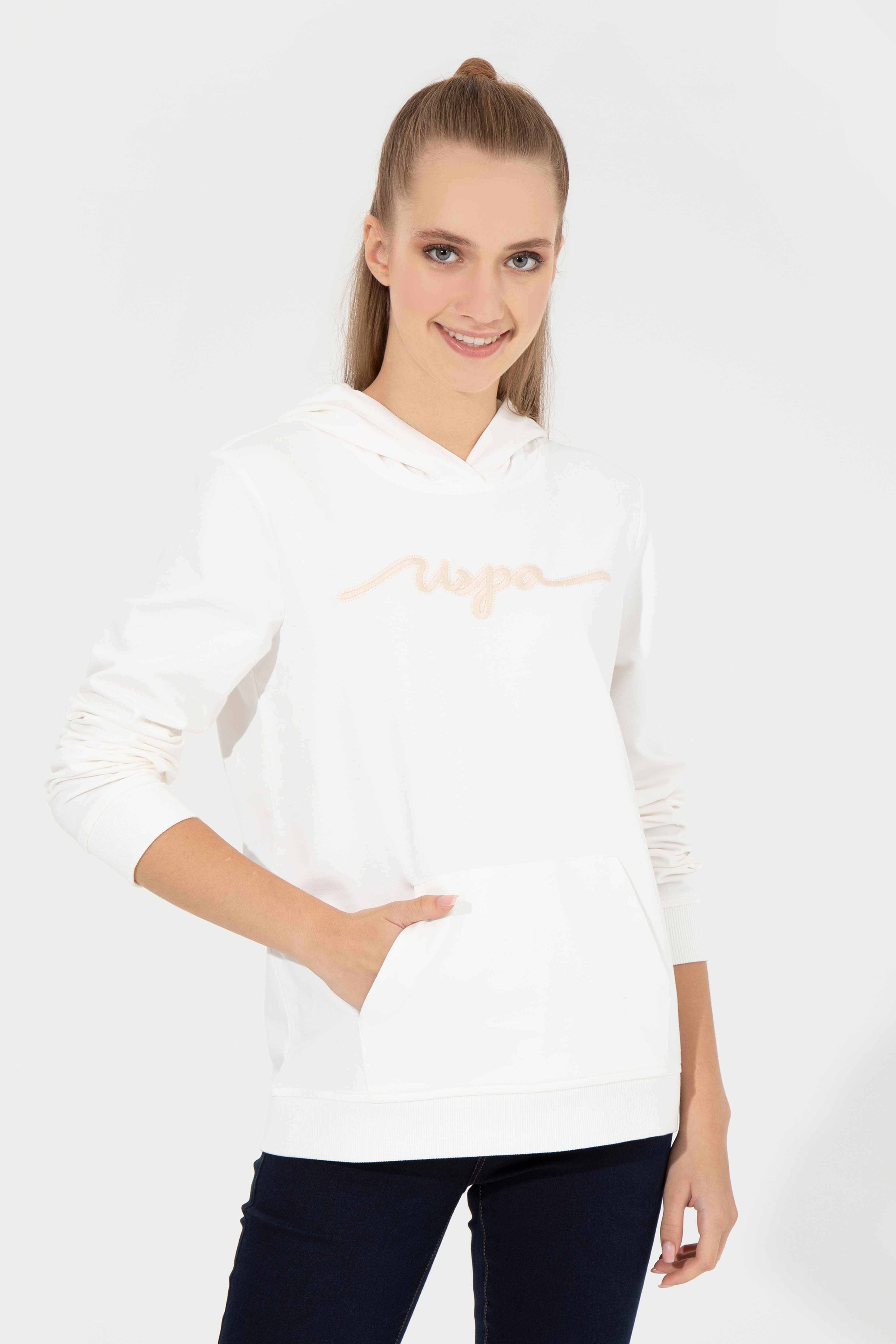 Kadın Ekru Kapüşonlu Sweatshirt