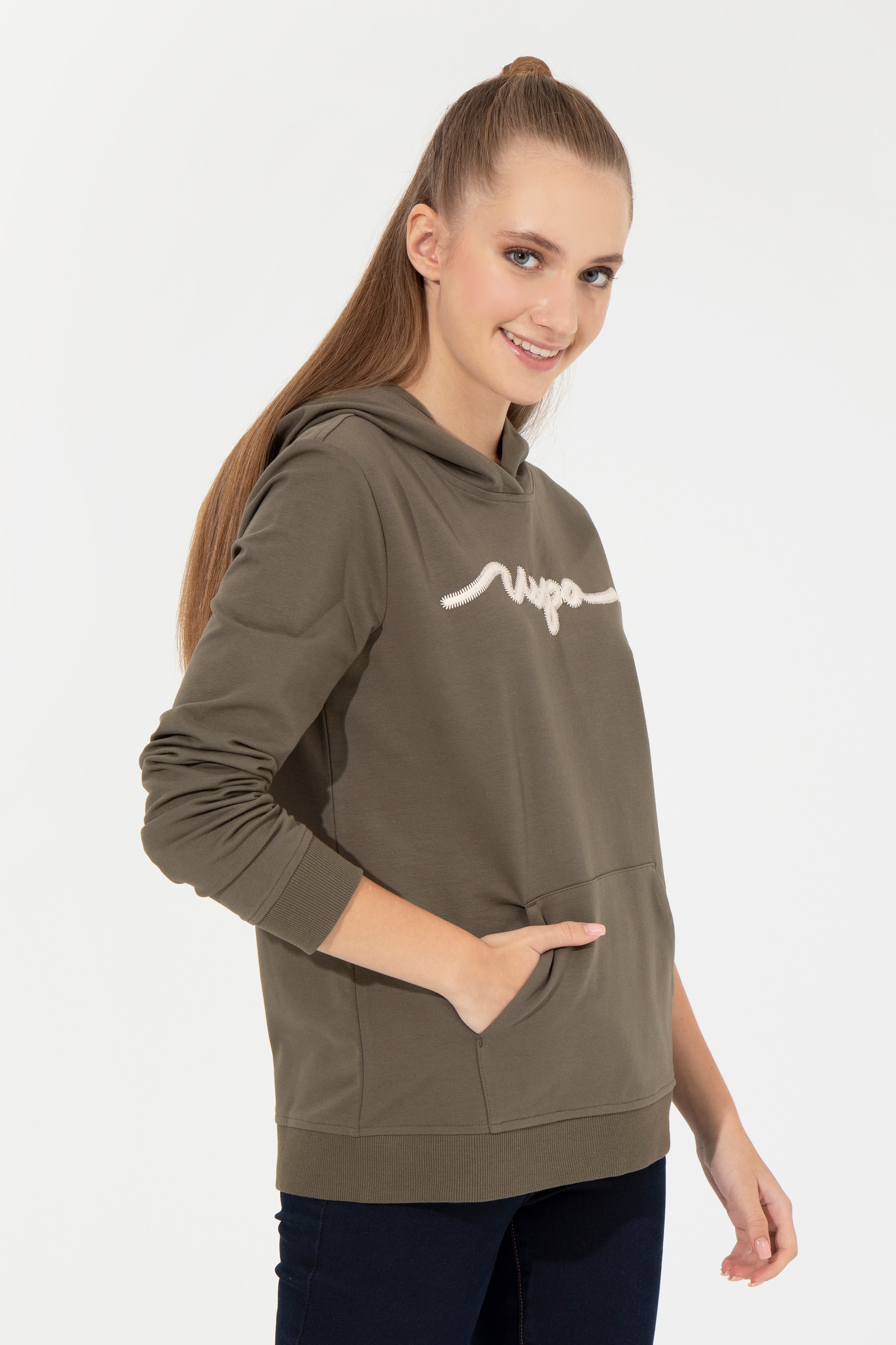Kadın Koyu Haki Kapüşonlu Sweatshirt - Image 4