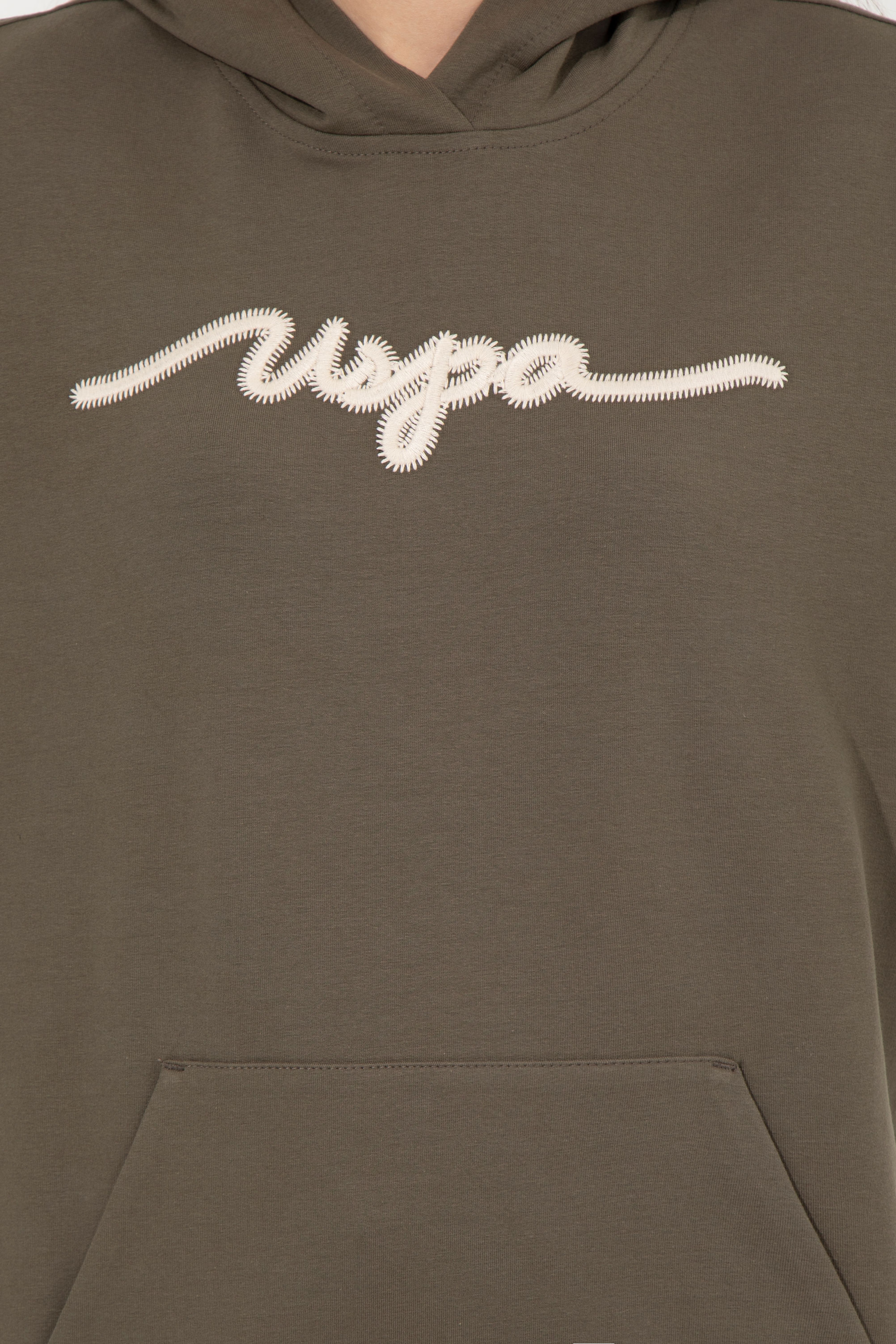 Kadın Koyu Haki Kapüşonlu Sweatshirt - Image 6