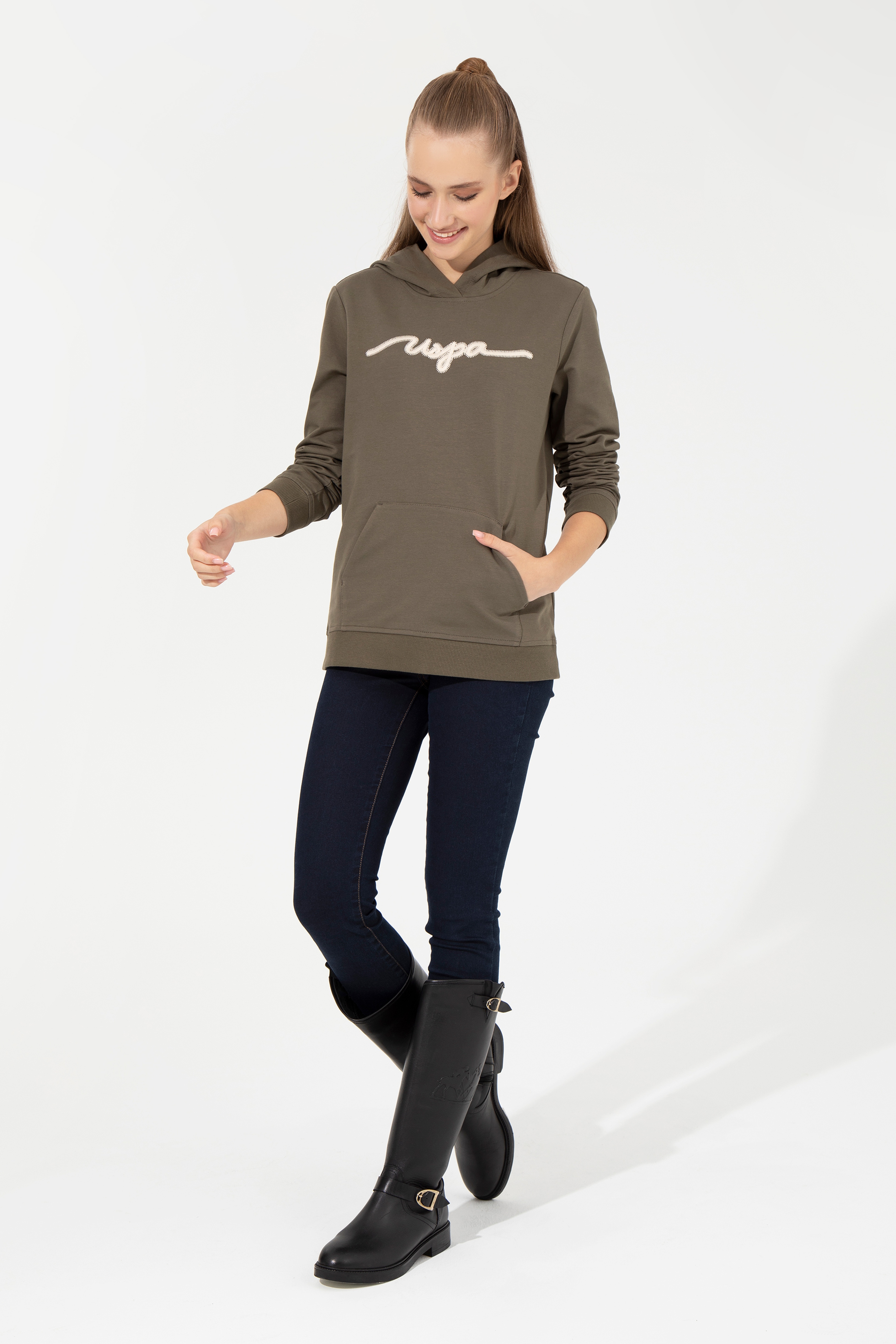 Kadın Koyu  Haki Kapüşonlu Sweatshirt