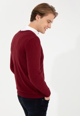 Erkek Bordo V Yaka Basic Triko Kazak - 50251877064