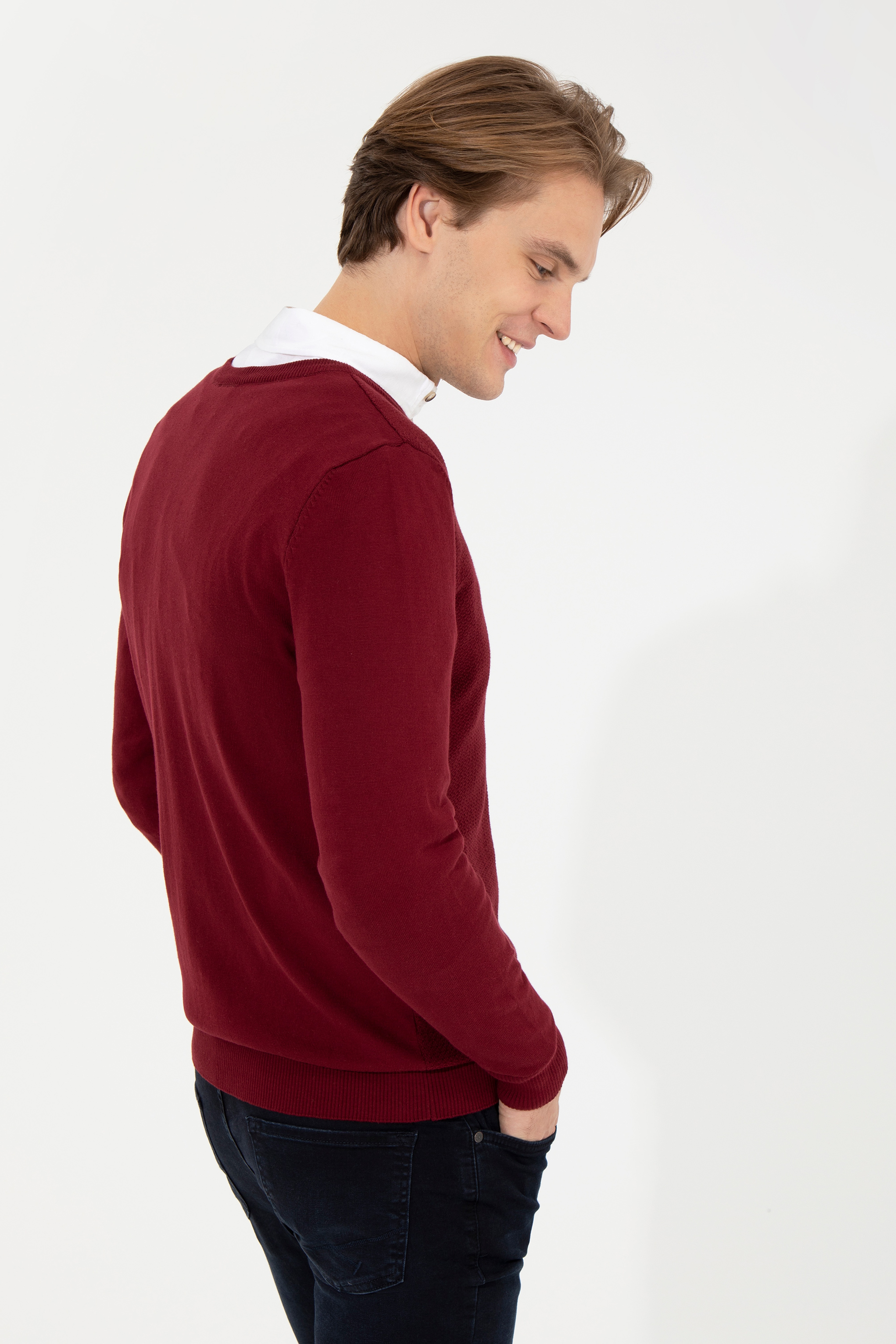 Erkek Bordo V Yaka Basic Triko Kazak