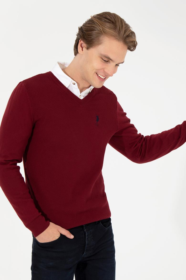 Erkek Bordo V Yaka Basic Triko Kazak - 50251877064