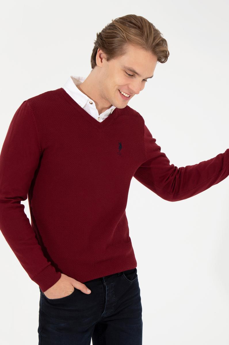 Erkek Bordo V Yaka Basic Triko Kazak