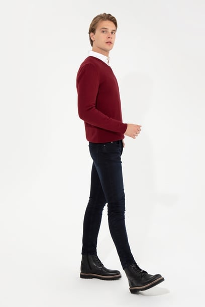 Erkek Bordo V Yaka Basic Triko Kazak
