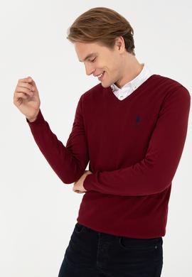 Erkek Bordo V Yaka Basic Triko Kazak - 50251877064