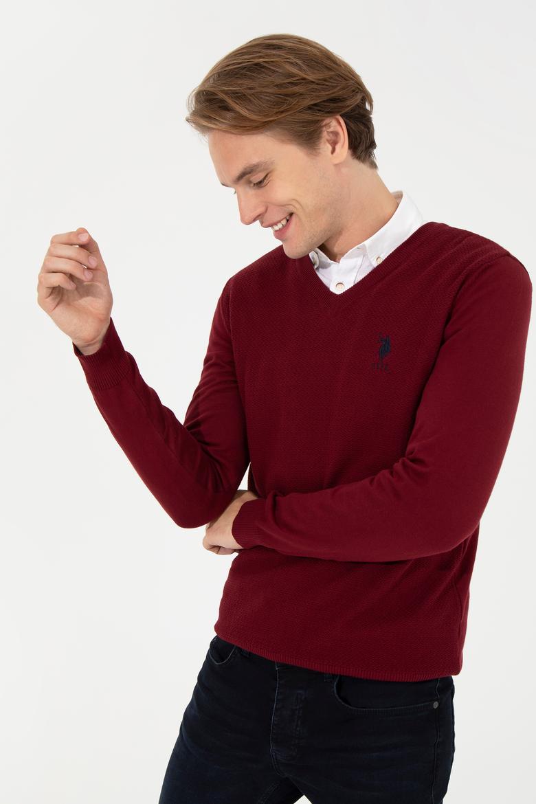 Erkek Bordo V Yaka Basic Triko Kazak - 50251877064