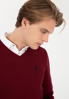 Erkek Bordo V Yaka Basic Triko Kazak - 50251877064