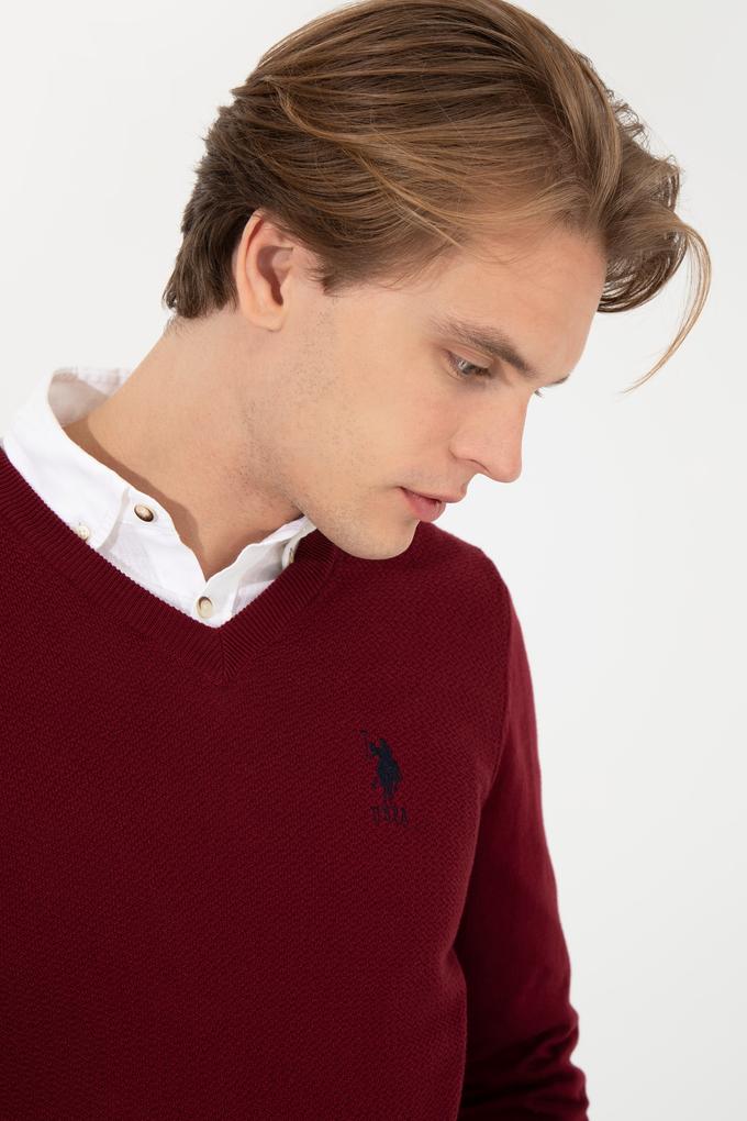 Erkek Bordo V Yaka Basic Triko Kazak