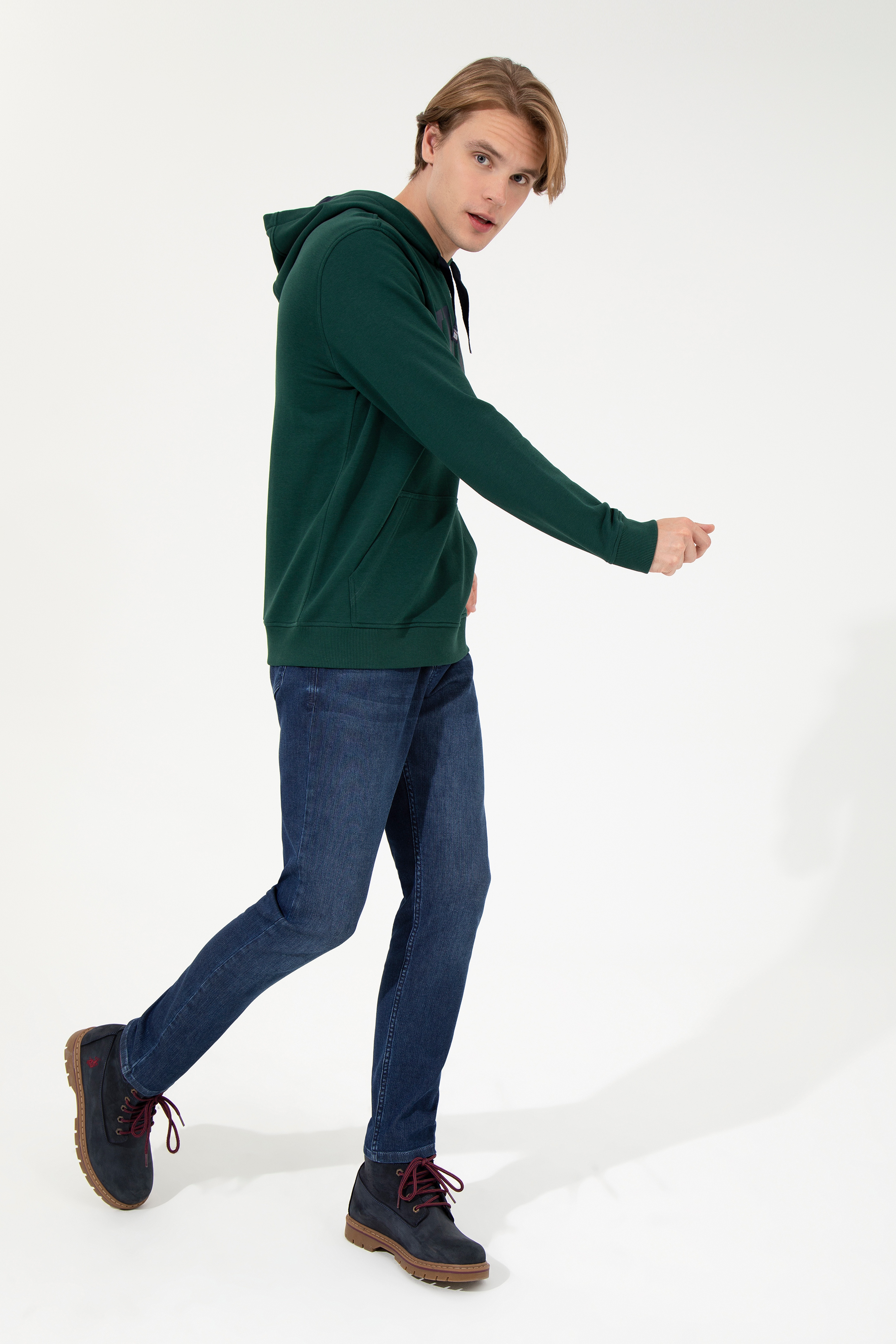 Erkek Yeşil Kapüşonlu Basic Sweatshirt - Image 4