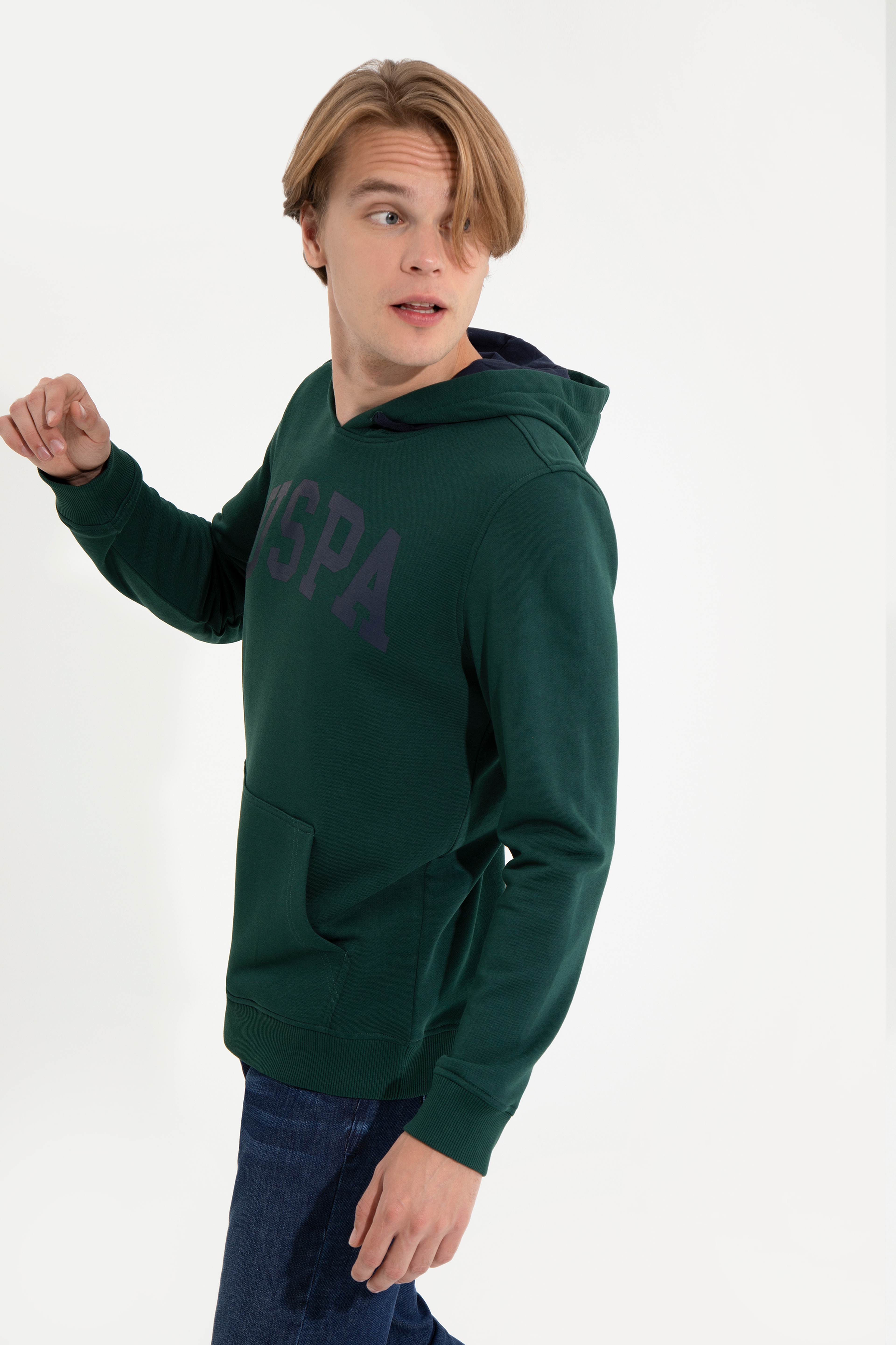 Erkek Yeşil Kapüşonlu Basic Sweatshirt