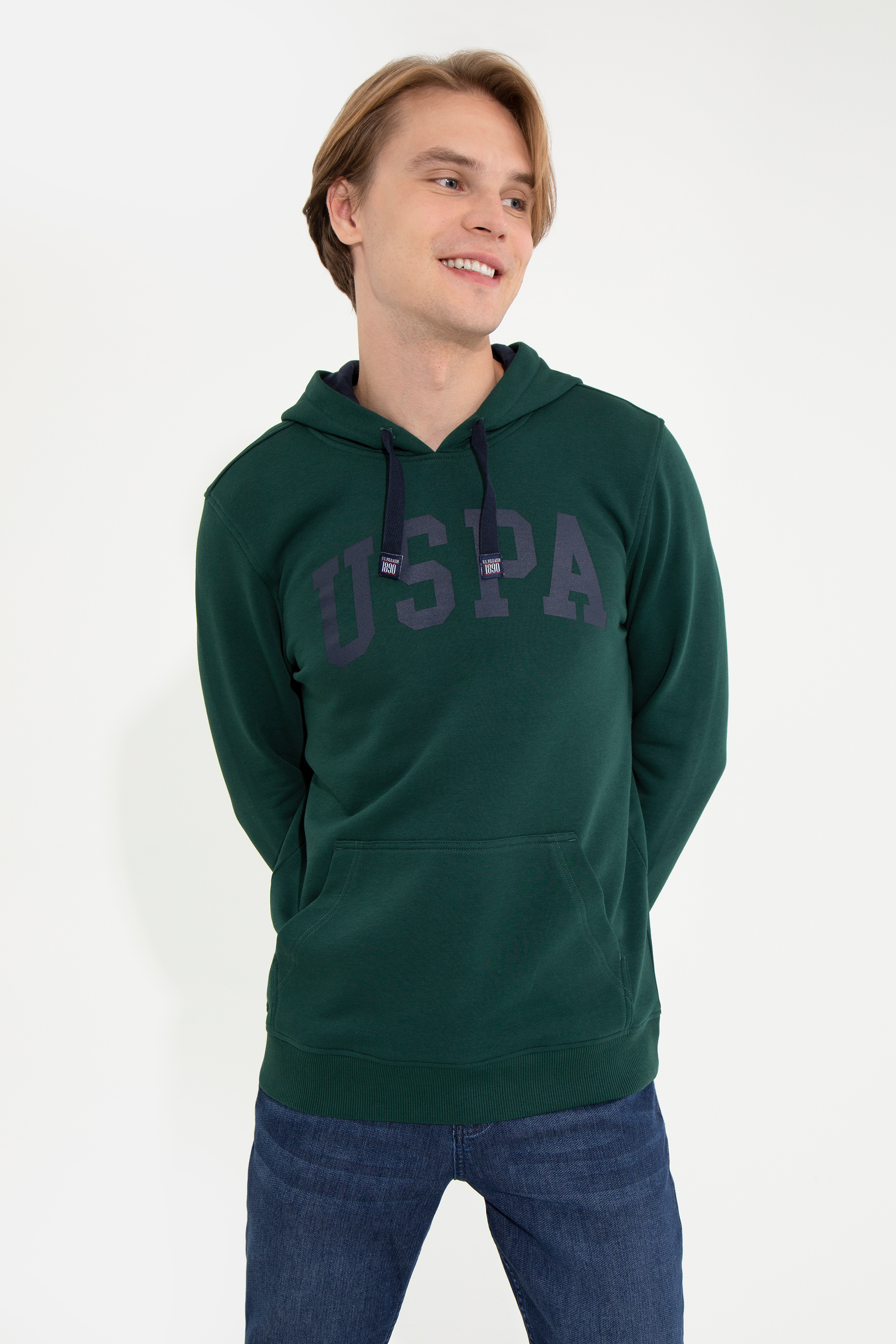 Erkek Yeşil Kapüşonlu Basic Sweatshirt - Image 2