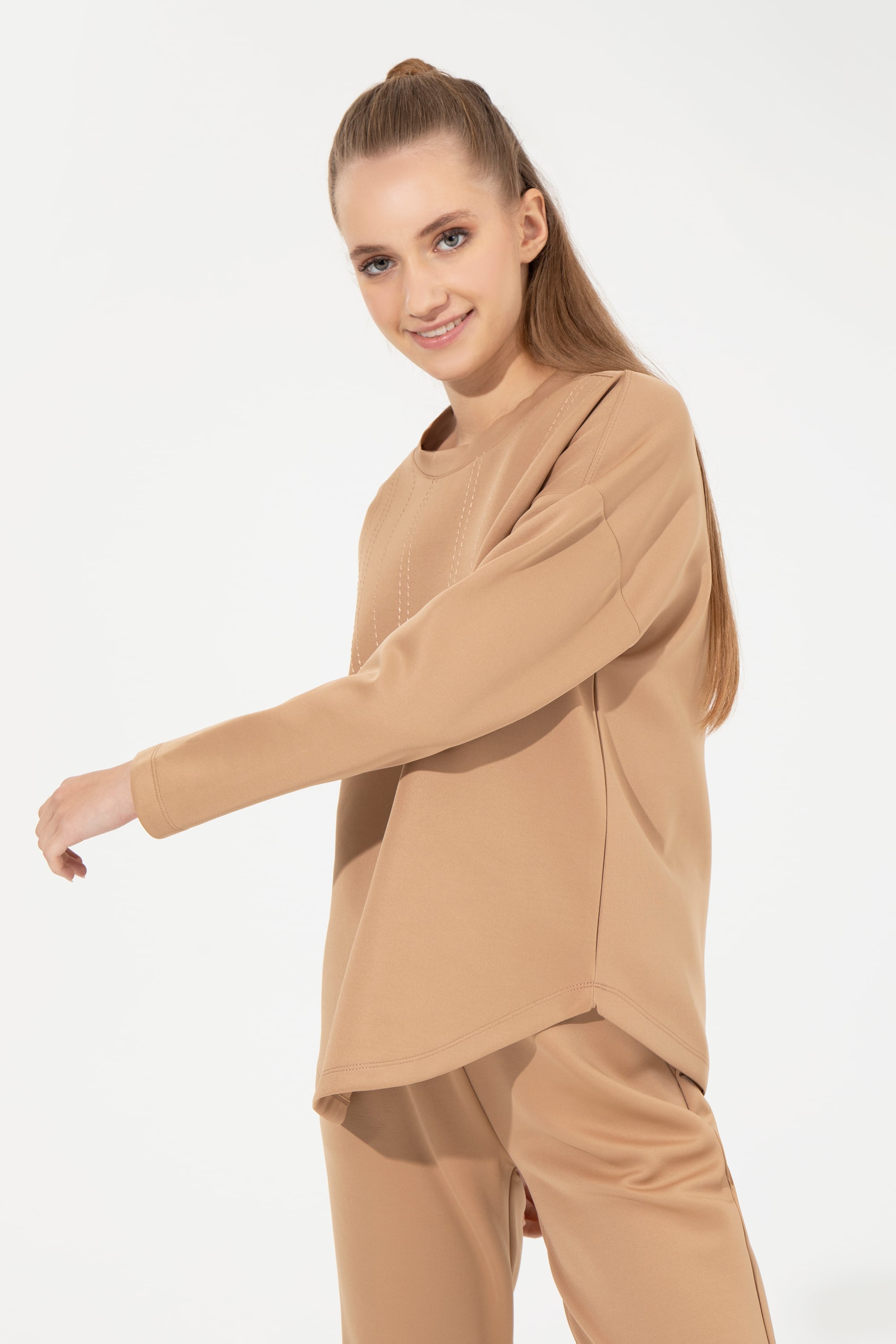 Kadın Camel Bisiklet Yaka Sweatshirt - Image 3
