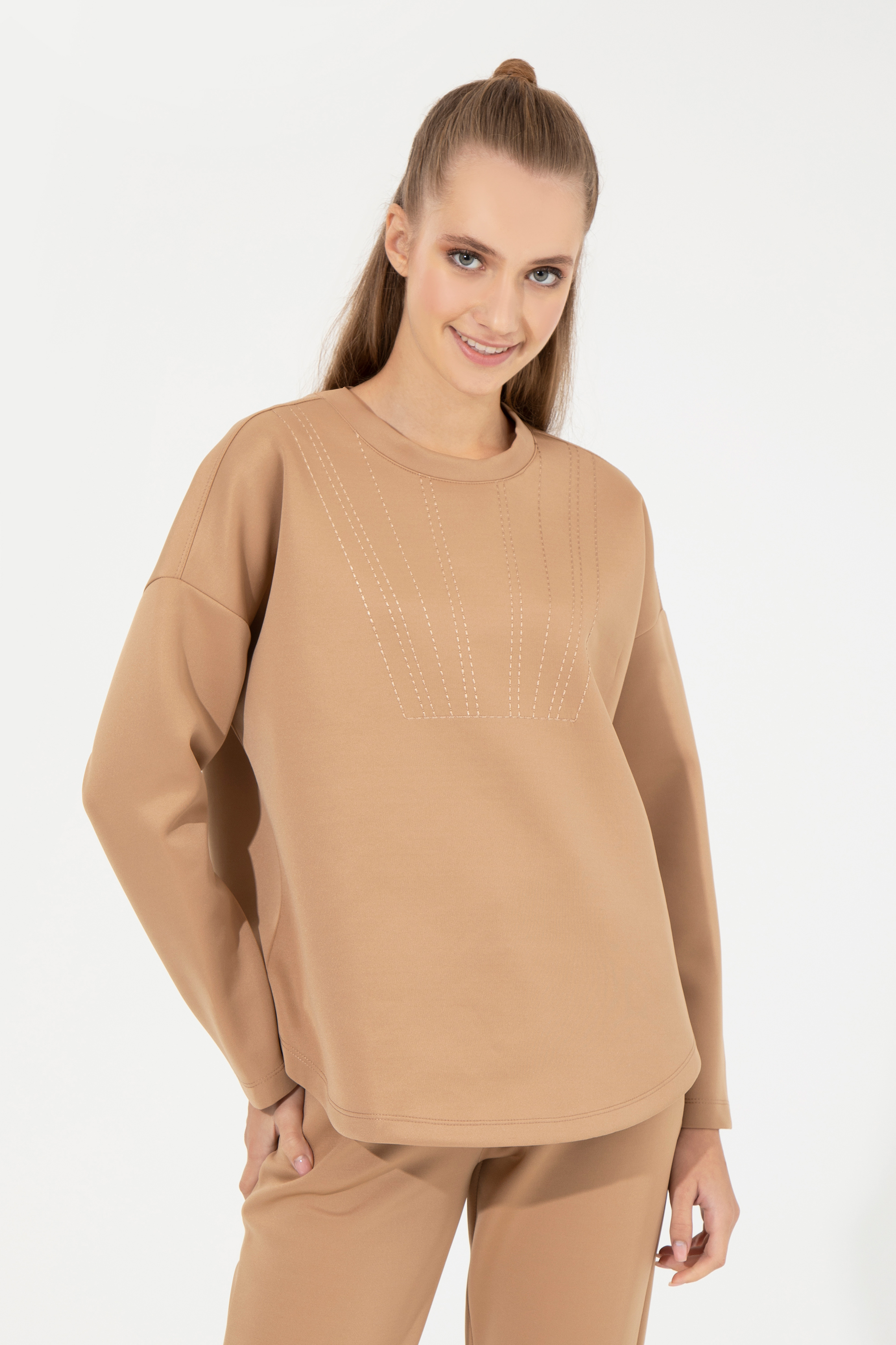 Kadın Camel Bisiklet Yaka Sweatshirt - Image 1