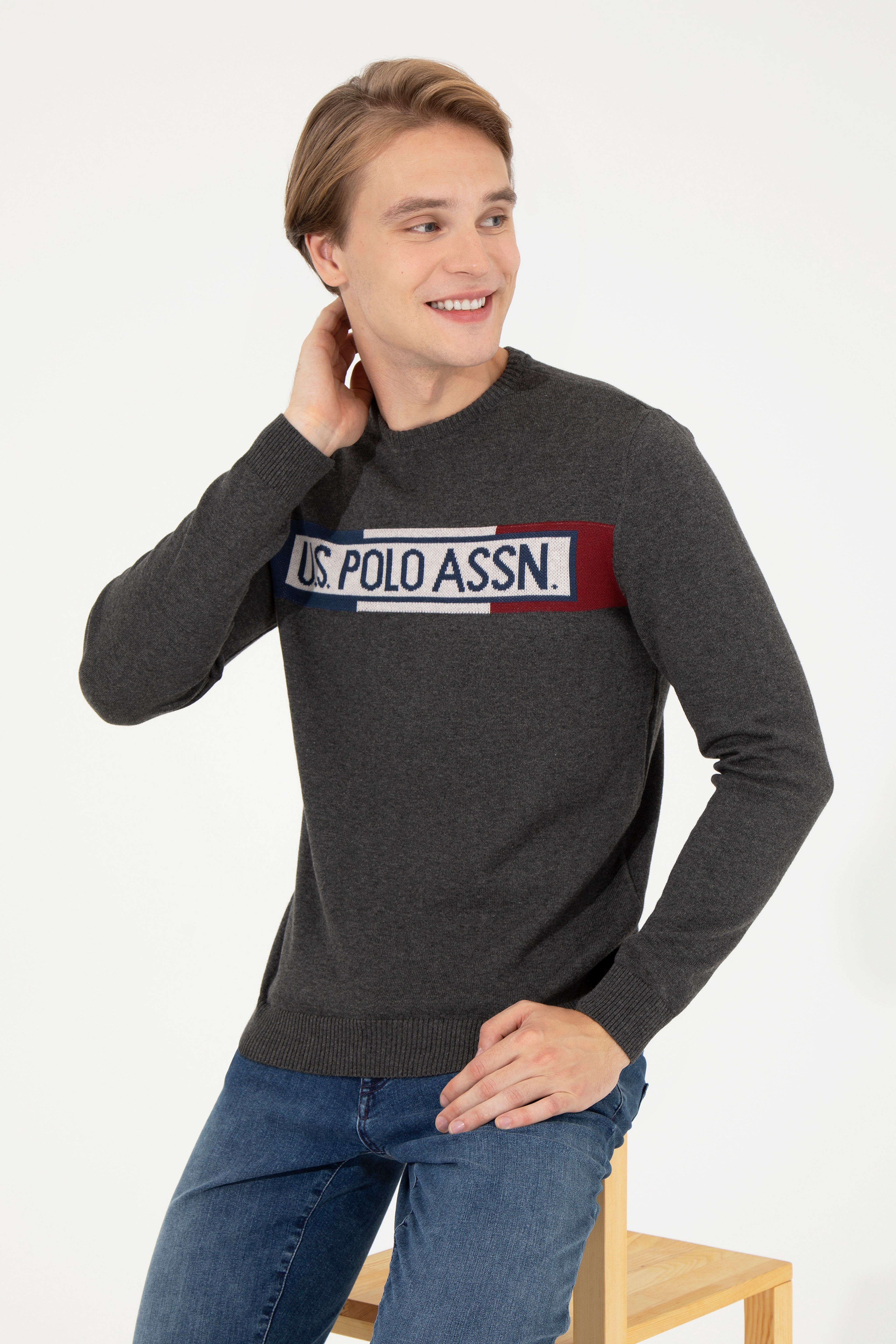 Erkek Antrasit Melanj Bisiklet Yaka Triko Kazak - Image 1