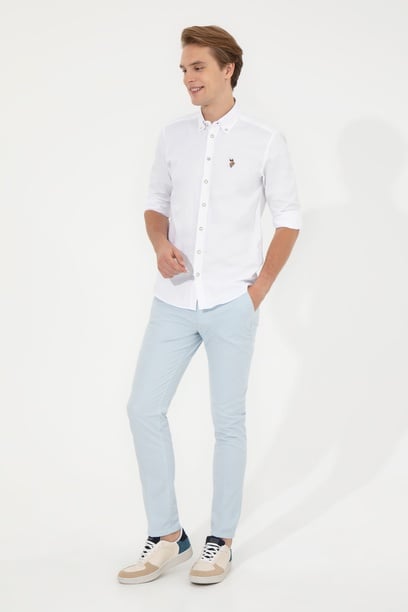 Erkek Slim Fit Açık Mavi Kanvas Pantolon