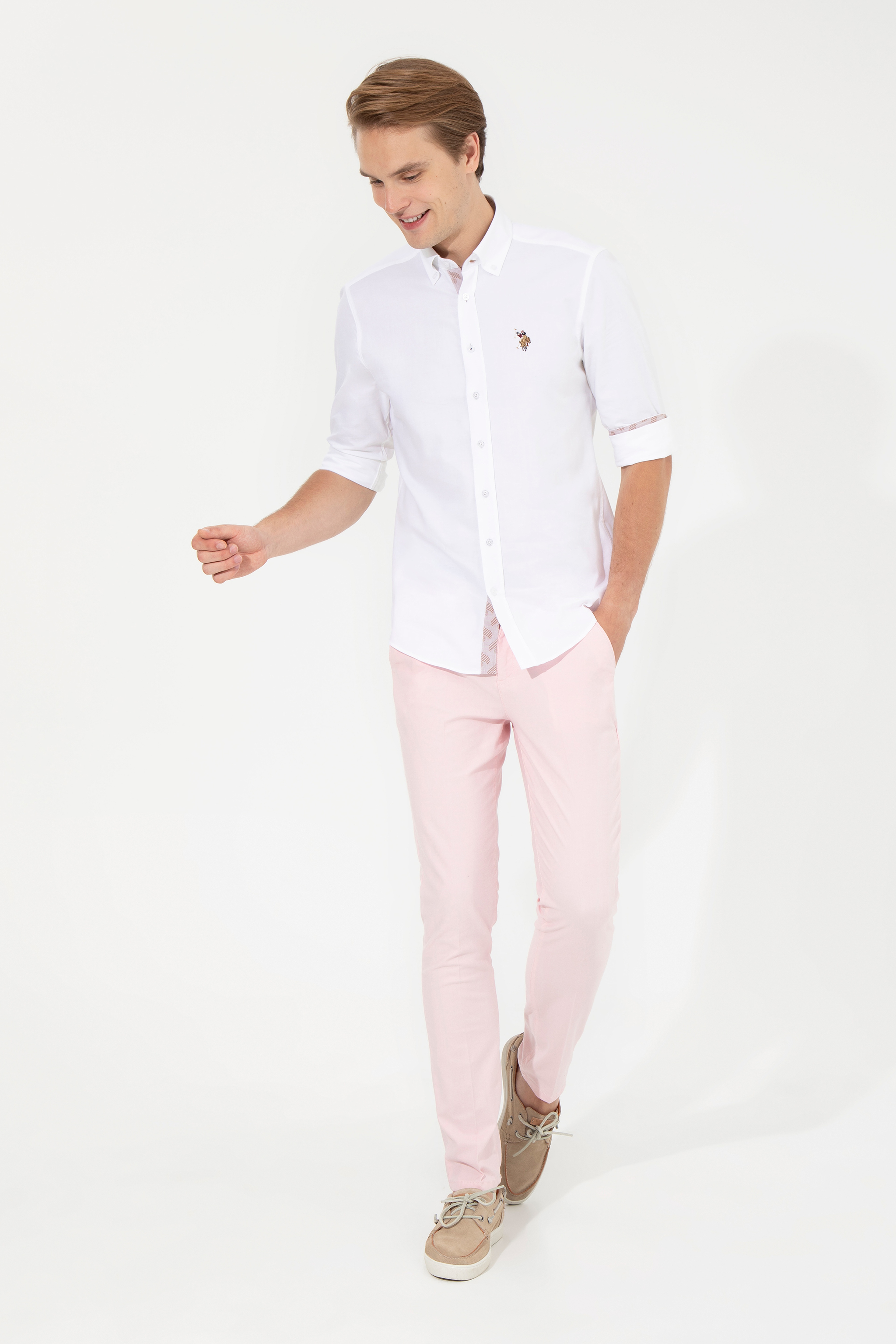 Erkek Slim Fit Pembe Kanvas Pantolon - Image 1