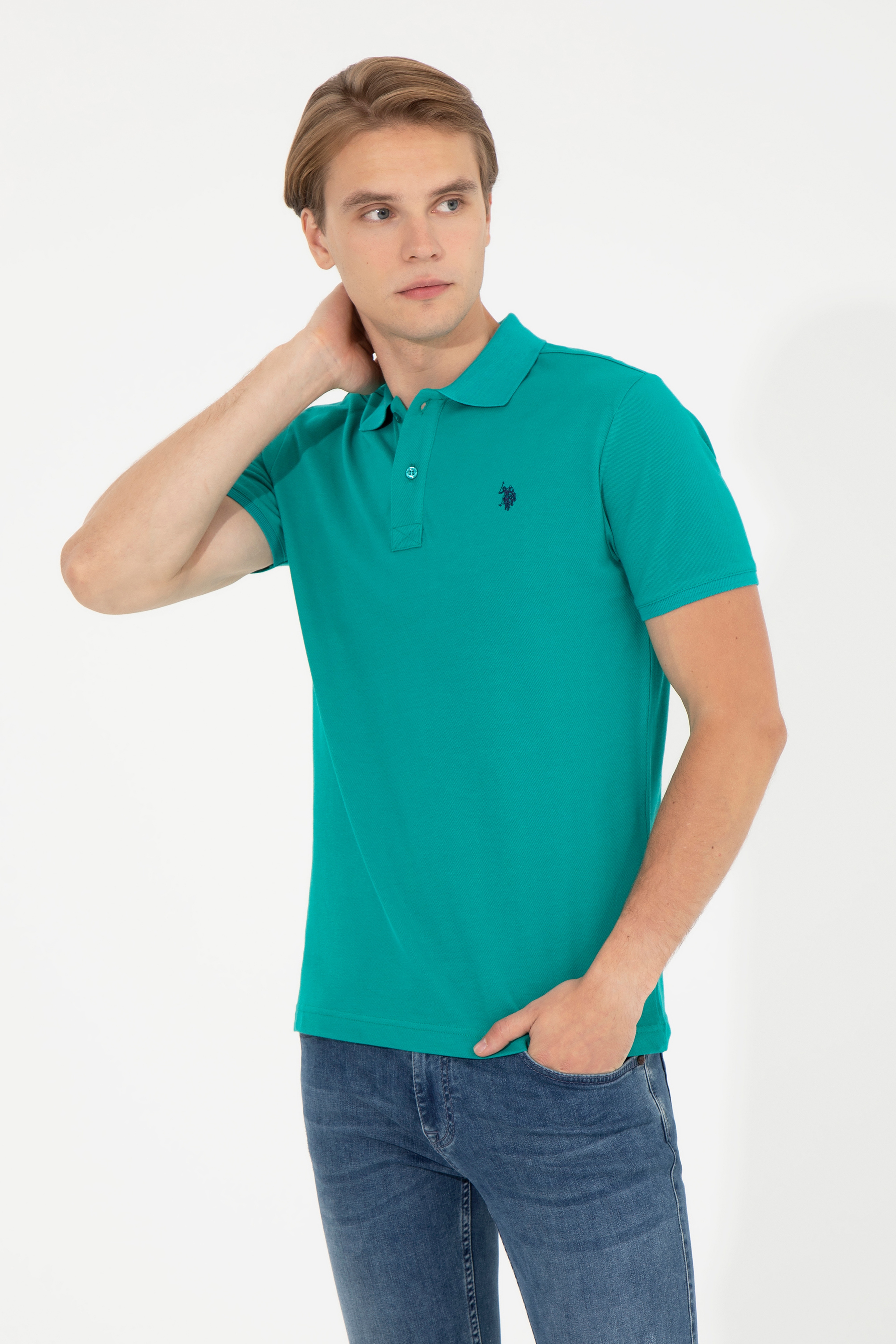 Erkek Koyu Mint Polo Yaka Basic T-Shirt - Image 2
