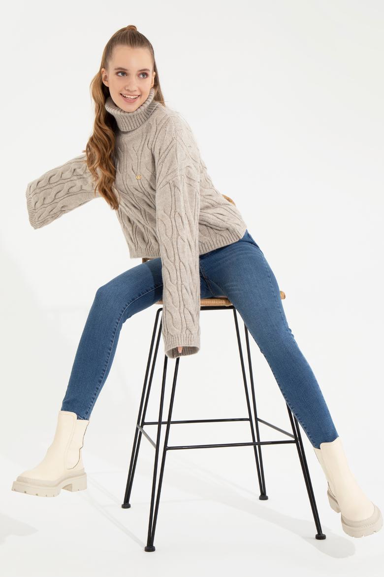 Kadın Taş Melanj Balıkçı Yaka Kazak - 50254500021