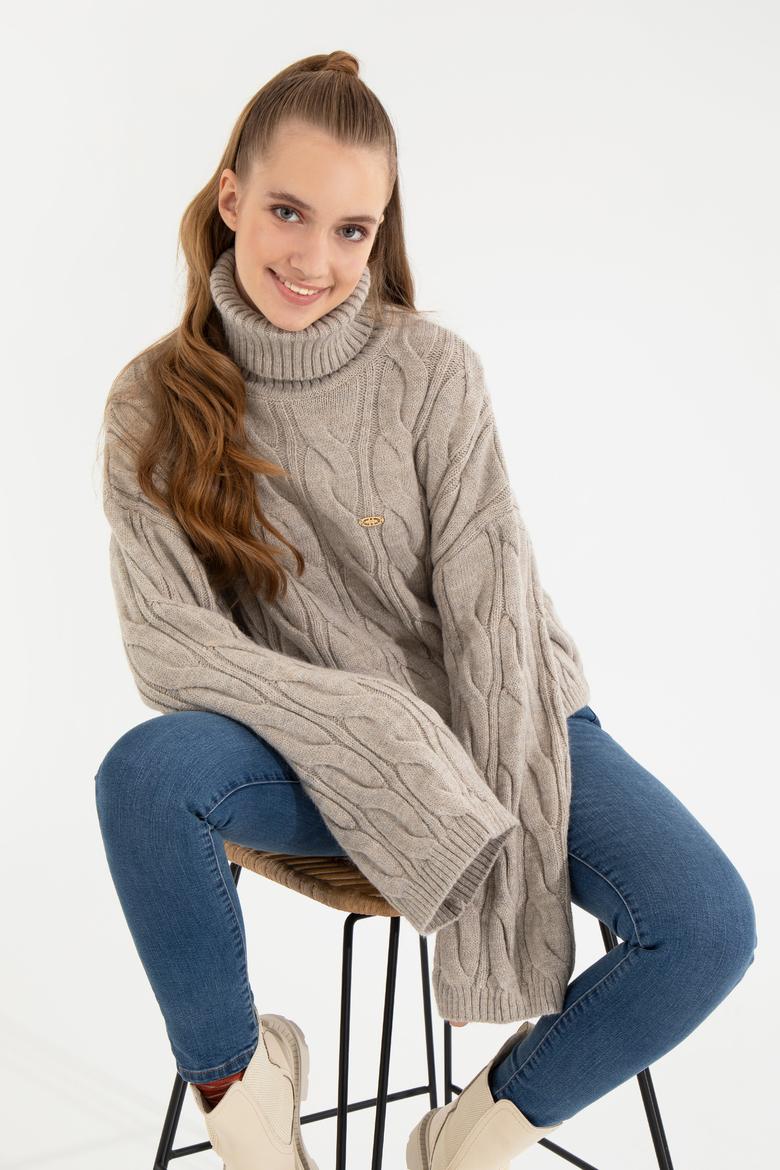 Kadın Taş Melanj Balıkçı Yaka Kazak