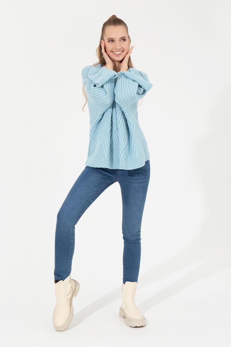 Kadın Mavi Bisiklet Yaka Kazak