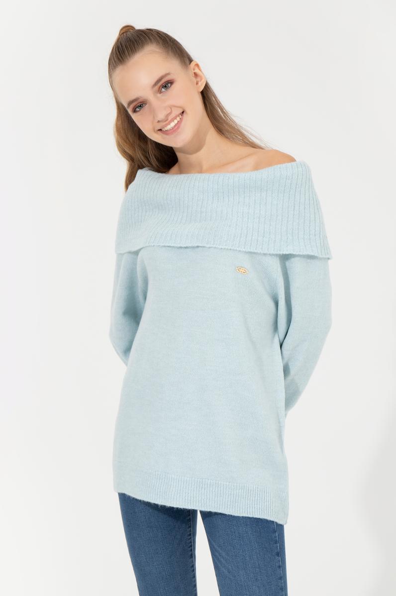 Kadın Mavi Bisiklet Yaka Kazak