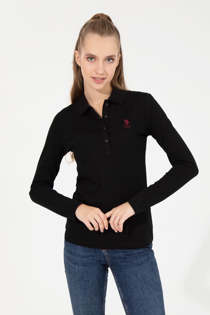 Kadın Siyah Polo Yaka Basic Sweatshirt