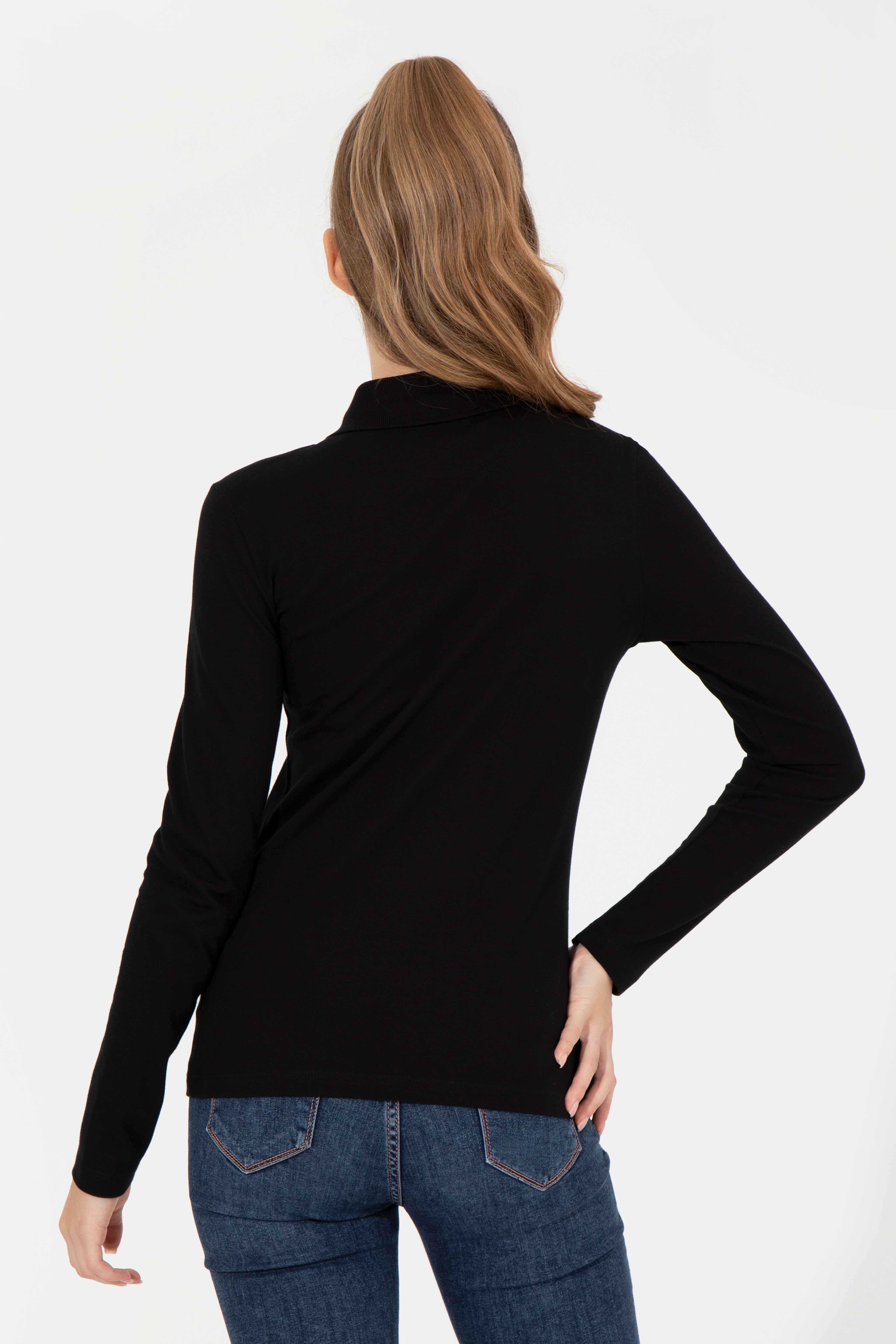 Kadın Siyah Polo Yaka Basic Sweatshirt - Image 5