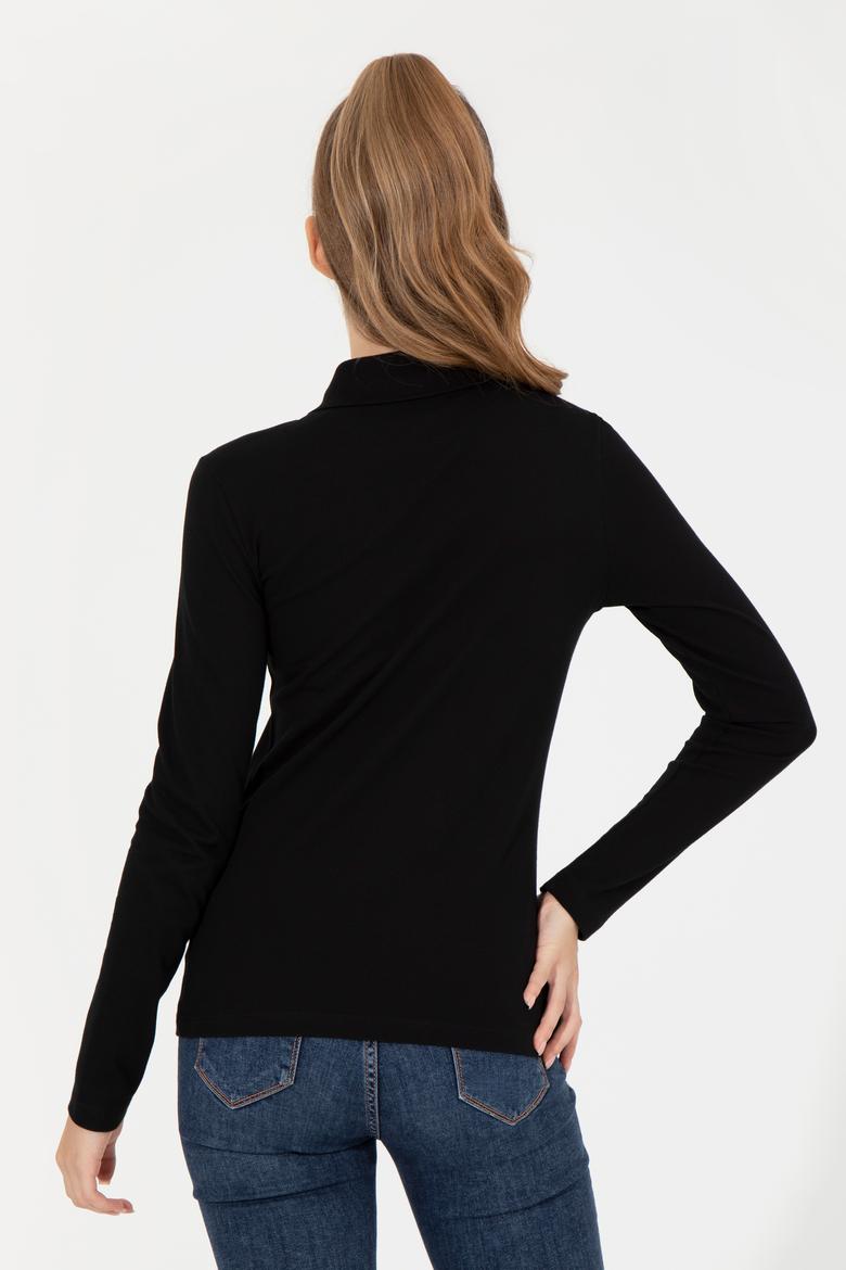 Kadın Siyah Polo Yaka Basic Sweatshirt - 50256259048